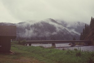 Misty bridge over the Lochsa River, Idaho; my cabin at the Three Rivers Motel